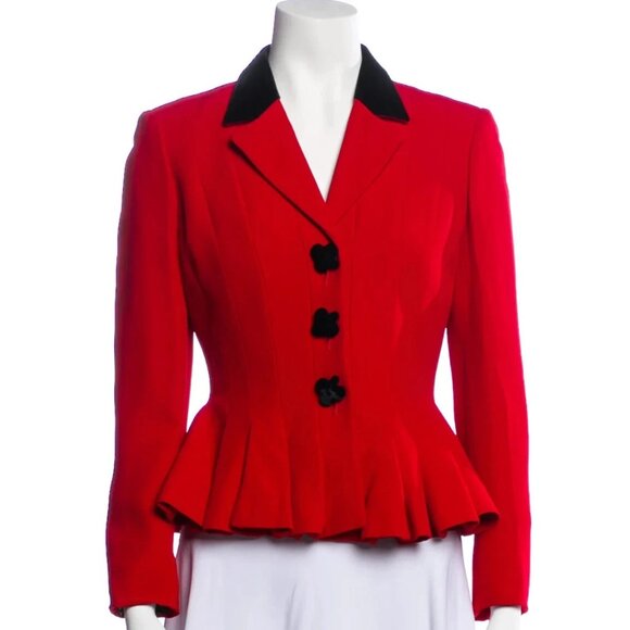 Moschino Red Peplum Black Velvet Trim Ace Spade Jacket 8 ALICE WONDERLAND BLAZER - Picture 1 of 15